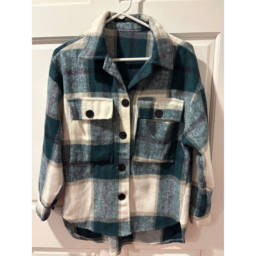 Green Plaid Shacket Button Front Fleece Shirt Jacket Womens Medium